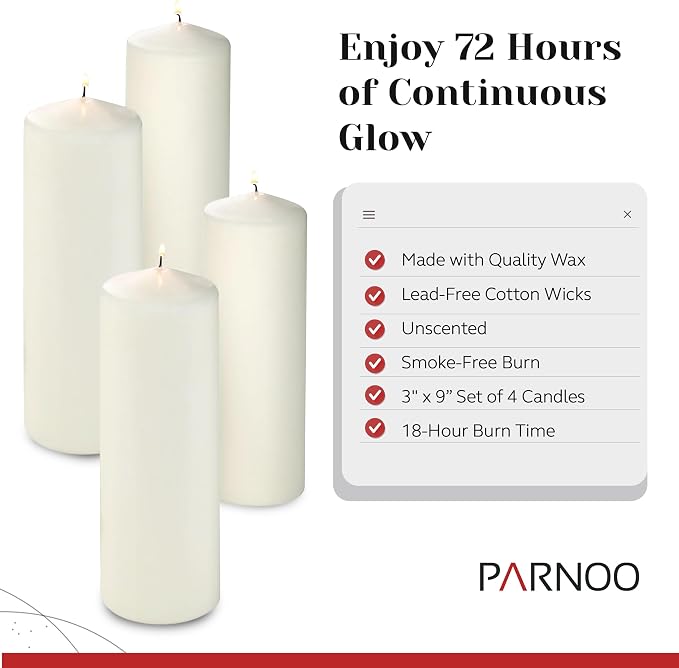 Unscented Pillar Candles - Set of 4 Vanilla Pillar Candles - 3x9 Slow Burning Large Candles for Weddings & Table Centerpieces, PARNOO