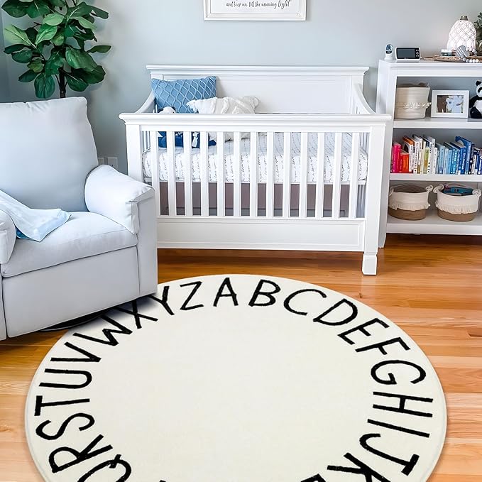 Topotdor Round Kids Play Rug Alphabet Nursery Area Rug Extra Large Soft Crawling Play Mat for Children Toddlers Bedroom (96 inch, White)