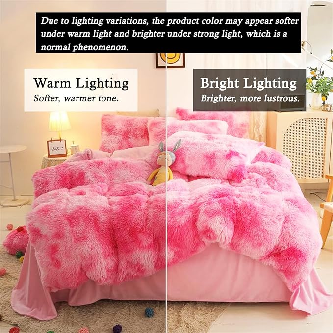 chovy Faux Fur Tie-Dyed Pink White Red Colorful Comforter Sets Queen - 3PC Bed Set Ultra Soft Plush Flannel Velvet Fluffy Fuzzy Bedding（Comforter x 1 Pillowcases x 2）