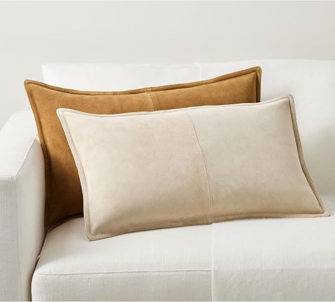 Genuine Leather Pillow Cover Case for Lumbar Throw Couch Pillows – Modern Farmhouse Decorative Sofa Thick & Soft Cushion Cover (Suede Camel, 12" x 20")