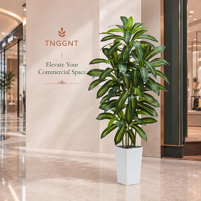 Artificial Dracaena Tree：5FT Faux Silk Tropical Yucca Floor Trees Realistic Fake Green Plant with Natural Wood Trunk & Lifelike Leaves for Home Office Decor Indoor & Outdoor (5FT,1-Pack,White)
