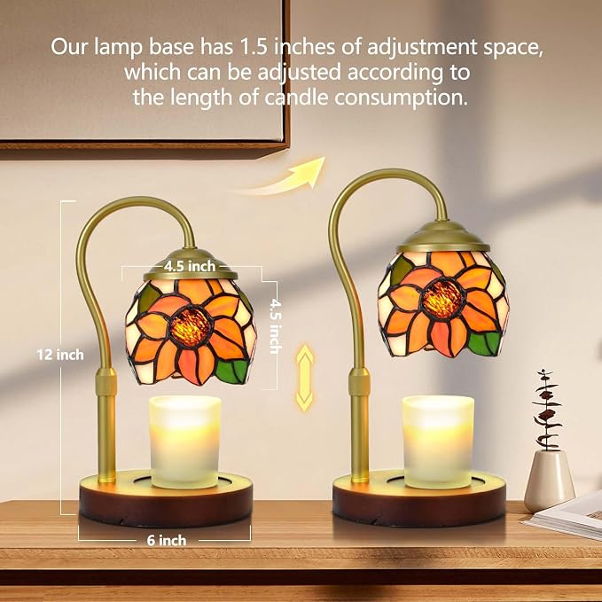 Candle Warmer Lamp - Sunflower Tiffany Style Wood Base Timer | Rsbrillialite Sunflower Candle Warmer Lamp - Tiffany Style Stained Glass Decor with Timer for Room Aesthetic Gifts