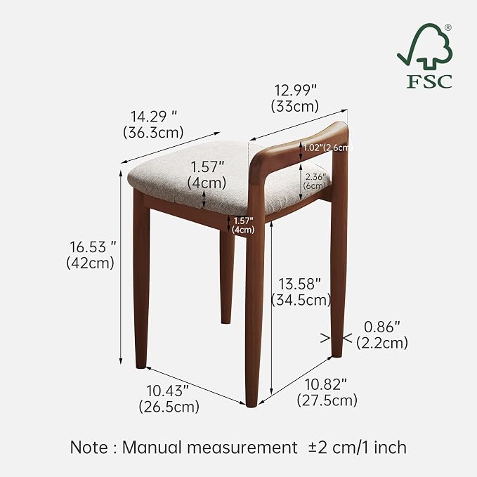 Vanity Stool Oak Wood Vanity Chair, Wooden Chair for Vanity with Upholstered Cushions for Living Room, Bedroom, Walnut
