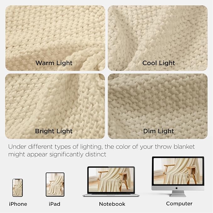 Joydeco Chunky Cable Knit Throw Blanket, Lightweight 100% Cotton Soft Cozy Throw Twin Blanket for Couch Bed and Sofa, Rustic Breathable Farmhouse Blanket Gift for Women Men(Cream White, 60"x80")