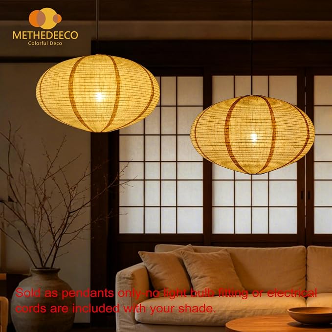 METHEDEECO 2 Pack Oval Hanging Lamp Shades, 20 Inch Faux Linen Fabric Pendant Light Covers, Foldable lantern shades Only, Nature Beige Minimalist Decor for Living Room Bedroom Dining Room
