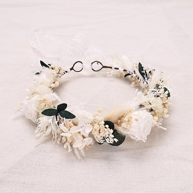 Rustic Preserved Dried Flower Crown with Cream Roses Natural Floral Headband for Young Little Flower Girls Kids Flower Headpiece