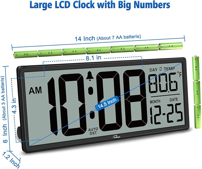 WallarGe 14.5'' Large Digital Wall Clock Battery Operated with Jumbo Numbers, Temperature and Date - Easy to Read and Set, Auto DST