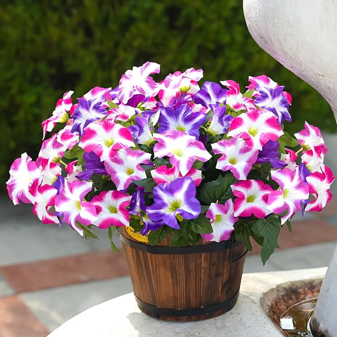 FULLMUSIC Spring Artificial Flowers for Outdoors, UV Resistant Fake Morning Glory, Look Real Faux Silk Plants for Front Door Garden Porch Planter