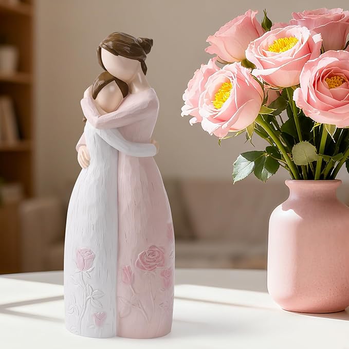 Mother Daughter Hug Figurine – Handcrafted Resin Collectible Figurines Home Decor, Sentimental Gift for Mom Birthday, Mother’s Day, Thanksgiving, Christmas, Pink