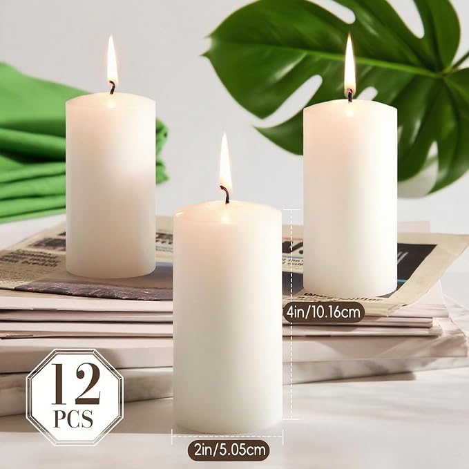 White Pillar Candles, 12 Packs Unscented Pillar Candle for Emergncy, Long-Lasting 360 Hours Burn Time Totally, Classic White Candles for Weddings, Centerpiece, Home Decor