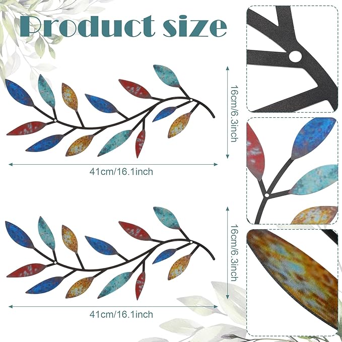 Zhengmy 2 Pieces Metal Tree Leaf Wall Decor Vine Olive Branch Leaf Wall Art Living Room, Hallway Wall Decor Outdoor Decoration(Elegant Color)