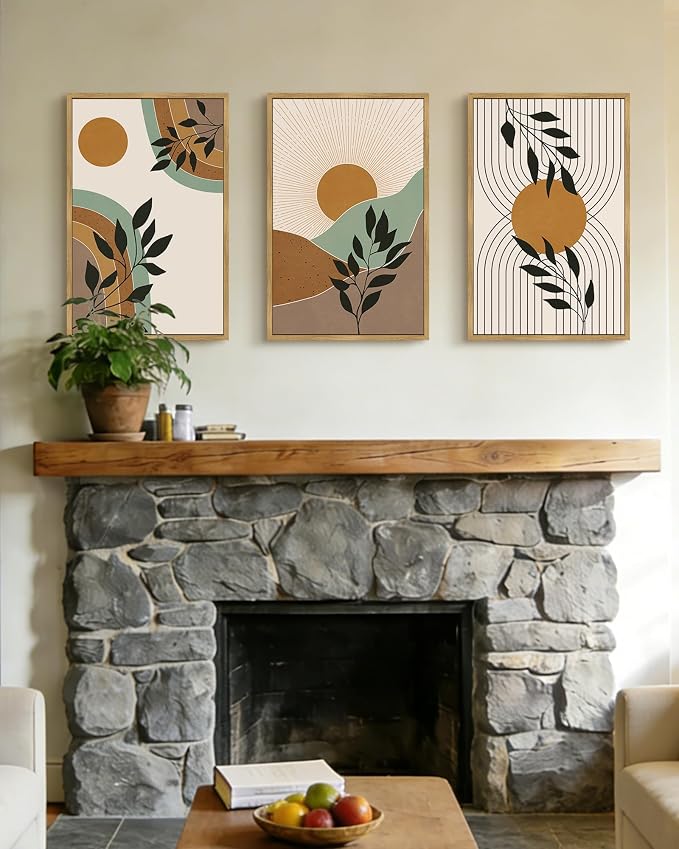 PHOPAGO Boho Abstract Wall Art Large 16x24in Botanical Mid Century Modern Framed Wall Printing Neutral Geometric Prints Bohemain Sage Decor for Farmhouse Home Office - Natural Framed