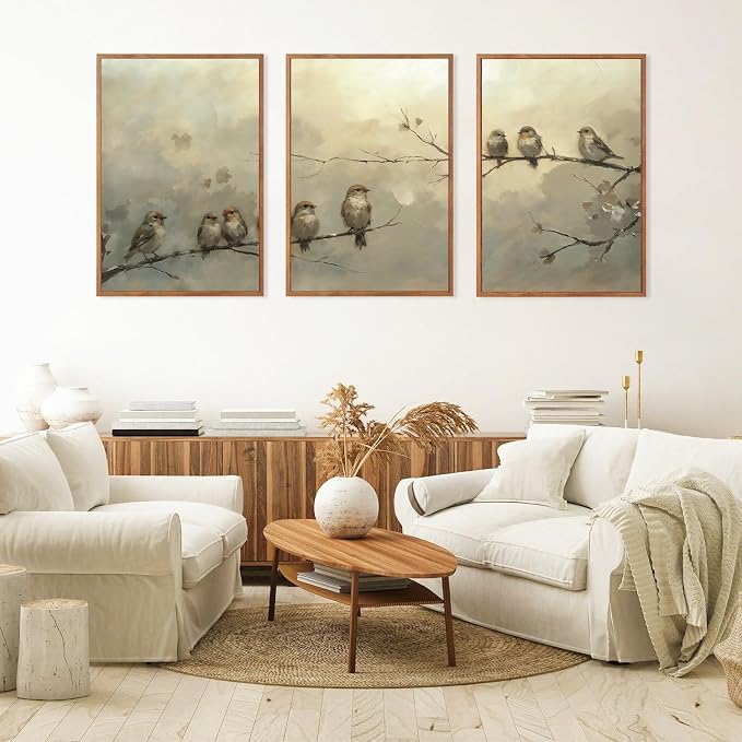 LHIUEM Large Cute Birds Framed Canvas Wall Art,Antique Sparrow Branch Wall Decor,Vintage Farmhouse Painting,Retro Natural Landscape Artwork for Living Room,Bedroom,Dining Room,Office -16"x24"x3