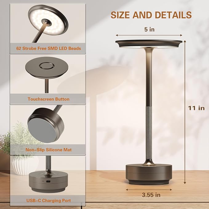 CordlessTable Lamp,Rechargeable USB-C Battery Operated Table Lights | IP54 Waterproof 3 Levels Brightness Light with Memory Function,Cordless Light for,Dining Room, Cafe,Bars(2P Coffee)