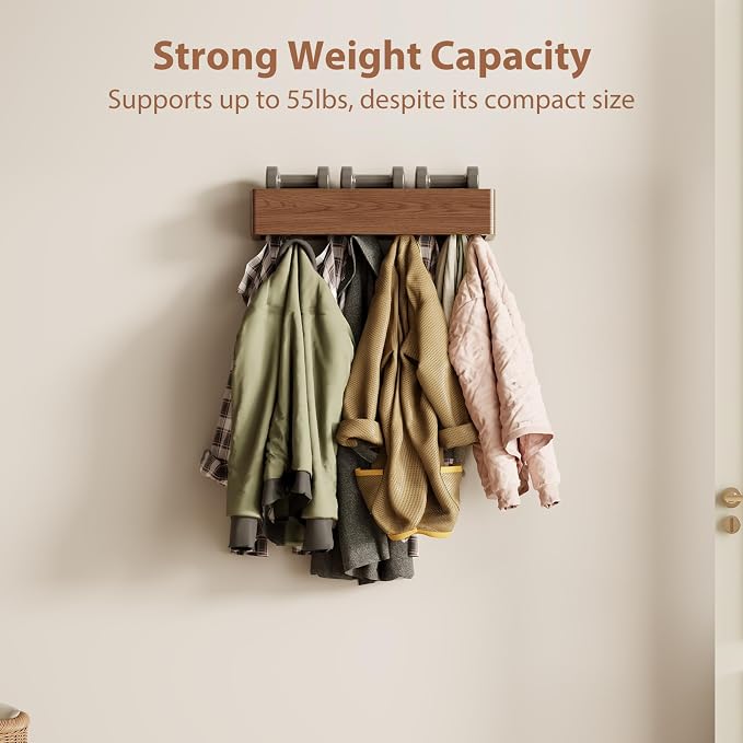 CycleCrew Solid Wood Wall Mounted Coat Rack with Shelf Hooks - Modern Floating Shelves with 5 Hidden Hooks, Heavy Duty Entryway Coat Key Holder Hanger for Hallway Bathroom Bedroom Home Decor