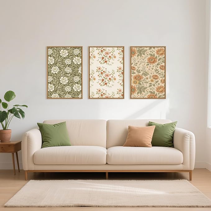 Vintage Pastoral Floral Framed Canvas Wall Art Set, Boho Colorful Flower Wall Decor, Peony Wildflower Wall Painting, Retro Botanical Art Prints for Living Room, Bedroom, Office - 24"X36"X3