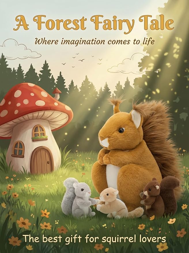 MaoGoLan 4Pcs Squirrels Plush Toys with 3 Baby Squirrels, Realistic Stuffed Animals for Small Hand, Adorable Squirrel Plushie Gift for Forest Animal Lover,Girls,Boys,Kids,Baby Shower,Brown