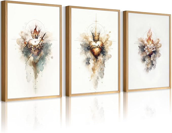 Jesus Canvas Wall Art Sacred heart of Jesus Pictures Christian Wall Decor Catholic Poster Religious Wall Art Heart of Mary and Joseph Painting Divine Mercy Prints for Bedroom 16x24x3 Inch Unframed