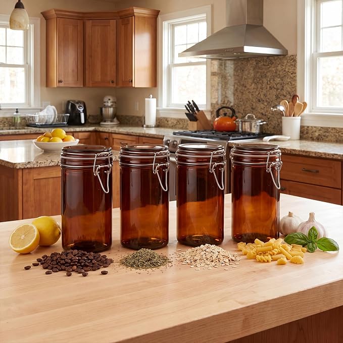 Norme 6 Pack 25oz Amber Airtight Glass Jars with Lids, Cylinder Food Storage Container Airtight Food Wire Clip Fastening for Sauerkraut Flour Kitchen Sugar Cereal Kitchen Canning Pickling Mason Jars
