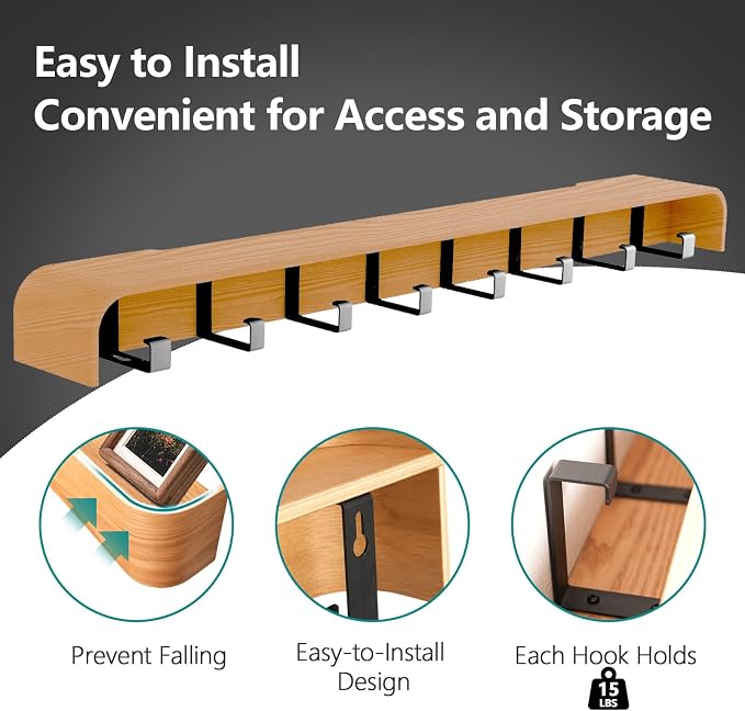 Coat Rack Wall Mount with Hidden Hooks Modern Key Holder Wood Entryway Hook with Shelf for Bedroom Kitchen Hallway Bathroom Designed for Hanging Coats Hats Bags Towels Dog Leashe(Oak,8 Hooks)