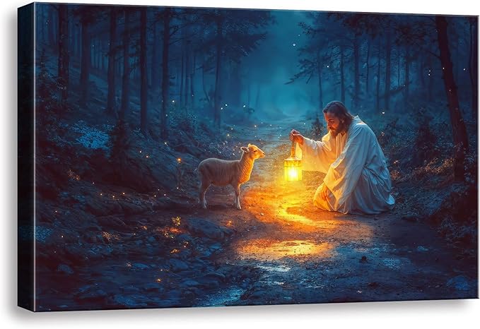 Christian wall art decor for prayer room ,Jesus and Lamb canvas Wall decor, Jesus Running After Lost Lamb Picture for Home Decor, Baptism gifts for boys-girl, serenity prayer wall art A-393 (24"X16")