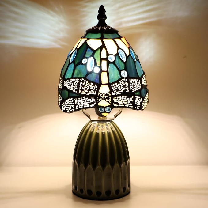 Tiffany Stained Glass Mushroom Table Lamp 12.5 Inch -Yellow Dragonfly | Tiffany Lamp,6X6X12.5 Inch,Small Night Light,Ceramic Base, Mini Accent Light Suitable,Bedside,Bedroom, Children Room,Antique