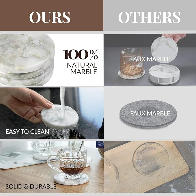 Koville Marble Coaster Set of 4, Round White Coasters, 4" Cup Coasters for Drinks, Heat Resistant Coaster for Coffee Table Home Office Bar Decor(Bianco Palomino)