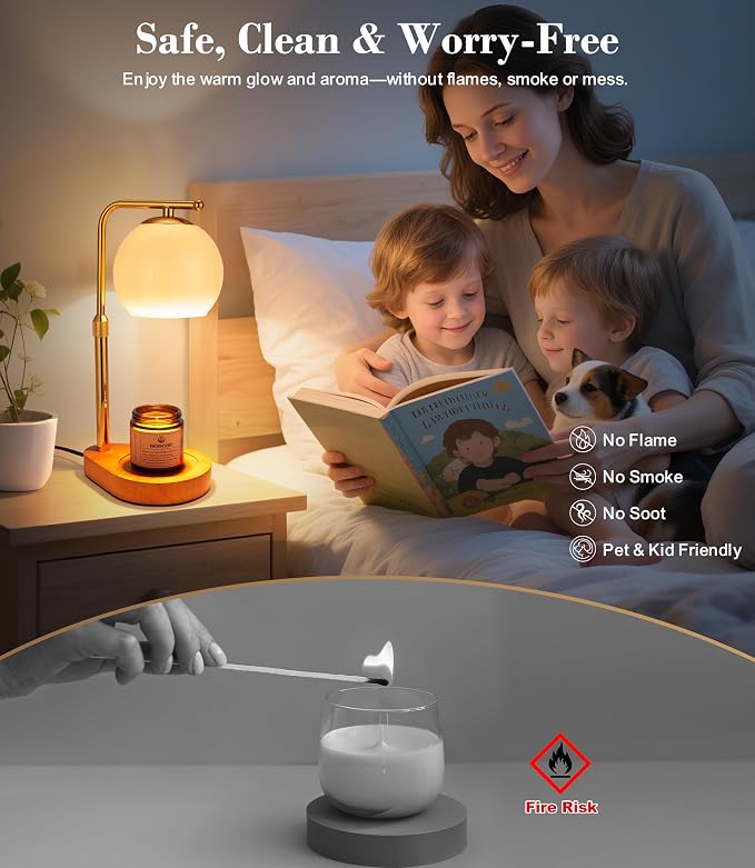 Ivory Glass Candle Warmer Lamp Adjustable Height with Timer 2 4 8H | Warm Gold Hardware | Dark Walnut Base | Dimmer Wax Melt Warmer Includes Candle and Bulbs