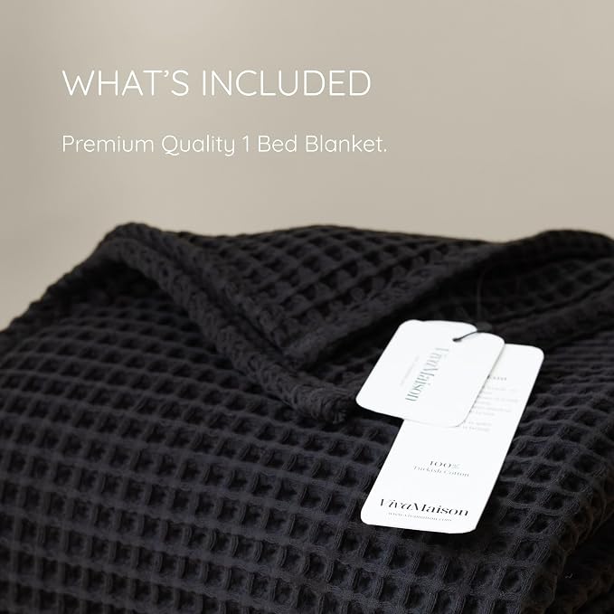 100% Turkish Cotton Waffle Throw Blanket King Size Black - Premium Quality, Light and Airy Waffle Weave All-Season Quilt - Lux Decorative Bedspread (Black, King Size 95" x 110" Inch)
