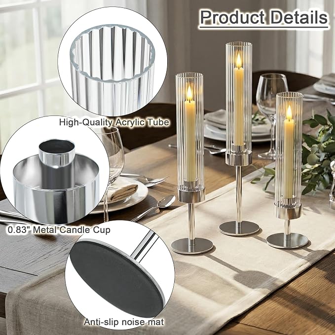 Metal & Acrylic Taper Candle Holders Set of 3 with Ribbed Design - Hurricane Clear Cylinder Candelabra for Wedding, Christmas, Party, Dining Table Centerpiece Decor (Silver, Set of 3)
