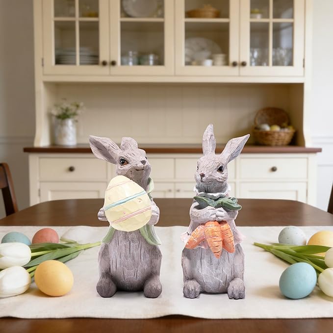 Hodao Easter Bunny Decorations Spring Home Decor Bunny Figurines Gifts (Easter Gray Rabbit 2pcs)