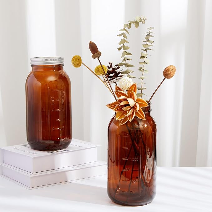 Norme 12 Pcs 64 oz Glass Mason Jars Glass Mason Jars Canning Container Set Embossed Half Gallon Fermenting Container with Airtight Lids for Canning Freezing Preserving Beverages Decor (Amber)