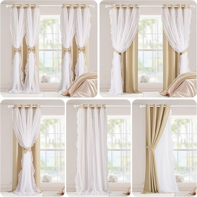 PONY DANCE Ruffle Curtains Double Layers Sheer Overlay Elegant Decoration for French Country Rustic Design Window Covering with Tiebacks, 52" Wide x 63" Long, Biscotti Beige, 2 Panels