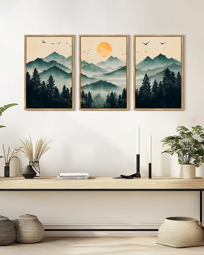 PHOPAGO Mountain Landscape Fog Pine Tree Framed Wall Art Large Large 16x24in Watercolor Nature Misty Forest Artwork Paints Sun Rise Farmhouse Rustic Decor for Bedroom Living Room - Natural Framed
