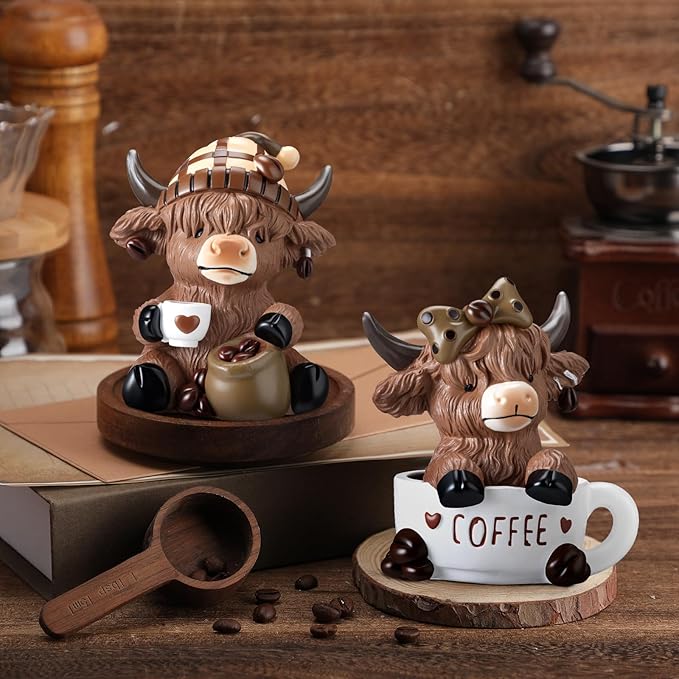 Wesiti 2 Pcs Coffee Highland Cow Figurines Decor, Coffee Cow Desk Decorations Gnomes Scottish Resin Statue Calf for Home Garden Kitchen Office Tiered Tray Table