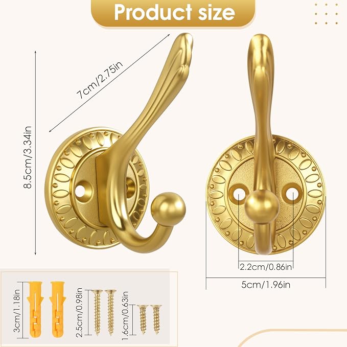 Brushed Gold Heavy Duty Wall Hooks – 6 Pack Rustic Coat Hooks for Hanging Coats,Robes,Bags,Hats,Wall Mounted with Includes Two Types of Installation Screws YDLSJ