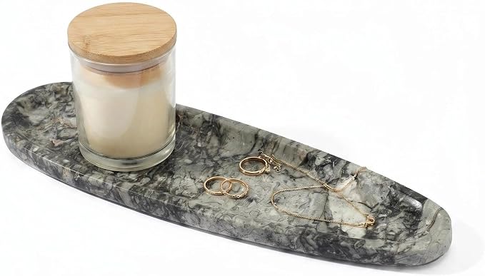 Natural Marble Vanity Tray, 16.6"x4.6" Grey Real Stone Decorative Tray for Bathroom Countertop & Home Decor, Catchall Organizer for Jewelry, Candles, Cosmetics & Perfume（Grey）