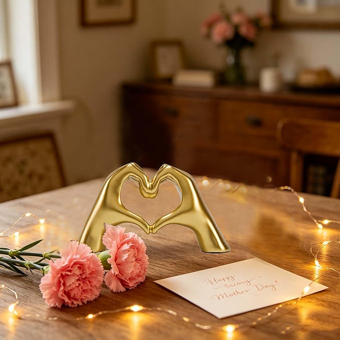 FANTESTICRYAN Small Heart Hands Statues Hand Love Sculpture Cute Decorative Home Decor Ornaments for Living Room, Wedding, Office Desktop, Cabinets, Bookshelf, Gift for Mom (Small Gold)