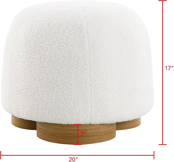 GDFStudio 20" Round Teddy Fabric Ottoman Stool, Upholstered Footrest with Foam Seat, Modern Accent Ottoman, Entryway Bedroom Vanity Stool, Fully Assembled, Metal Trim Base, White