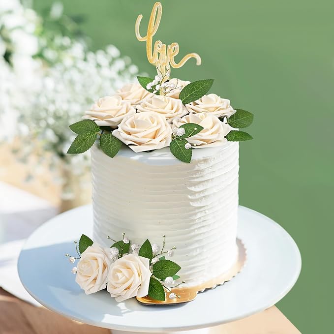 Mocoosy 50Pcs Rose Artificial Flowers, Cream White Fake Roses for Decoration, Real Touch Beige Foam Rose Bulk with Stem DIY Wedding Bouquet Bridal Shower Mother's Day Floral Arrangement Table Decor