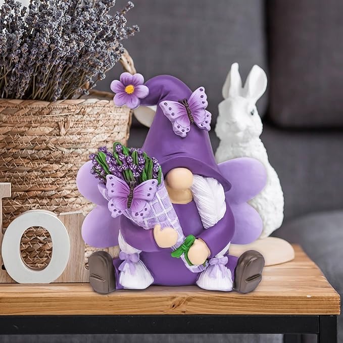 Lavender Gnome Spring Decor, Fairy Garden Gnome with Butterfly & Lavender Bouquet, Resin Gnome Figurine for Home Office Tabletop Tiered Tray Decor, Gnome Gifts for Women Retirement Birthday