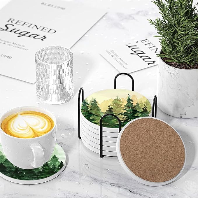 Drink Coasters for Drinks Set of 6, Watercolor Landscape Pine Forest Absorbent Round Ceramic Stone Mat Coaster, with Cork Base and Metal Holder, Home Bar Decor House Warming Gift