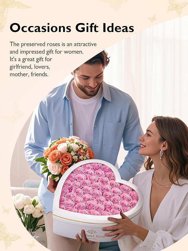 Eterfield 47 Forever Flowers in Heart Shape Box, Preserved Roses That Last a Year Preserved Flowers Birthday Gifts for Her Mom Women Wife Anniversary Valentines Day Mothers Day Christmas, Pink