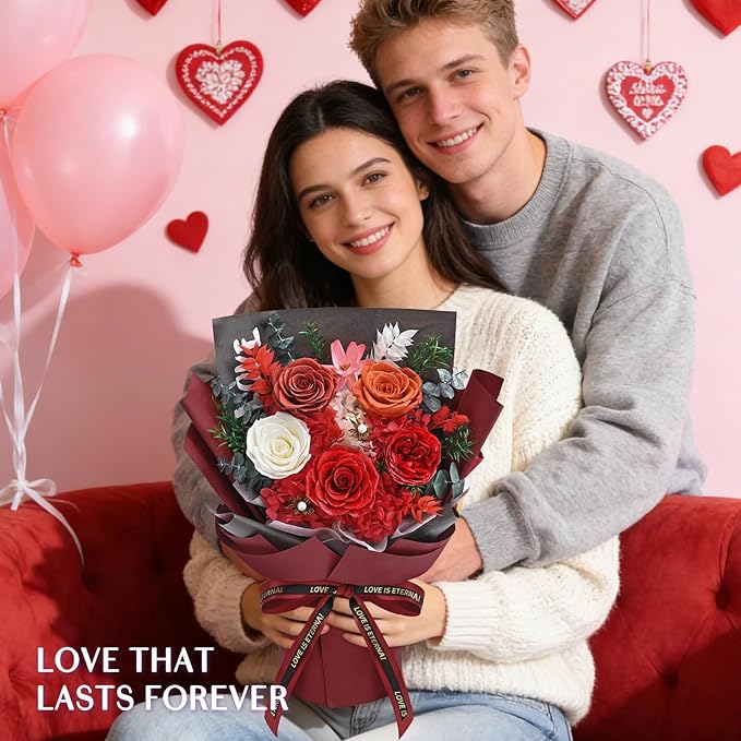 5 Pcs Glitter Red Preserved Roses Flowers Bouquet, Forever Rose Flowers for Delivery, Birthday Gifts for Women, Long-Lasting Red Roses with Vase Gift Box, Forever Flowers for Wife Mothers Day