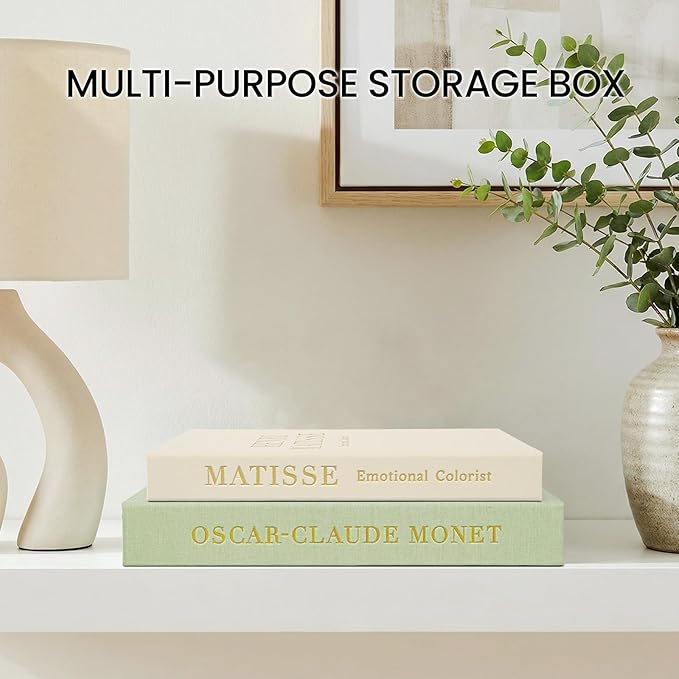 Decorative Books for Home Decor - Stackable Fake Books Storage Box for Coffee Table - Set of 2 Linen Faux Books Double as Libros Decorativos and Photo Storage, Sage