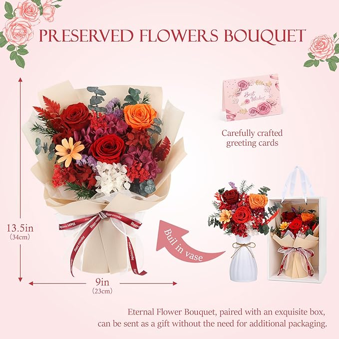 Flowers for Delivery Prime Preserved Flower Bouquet That Last 3-5 Years Real Forever Rose Bouquet for Her Women Wife Grandma Girlfriend Anniversary Birthday Mothers Day Gifts for Mom,Red