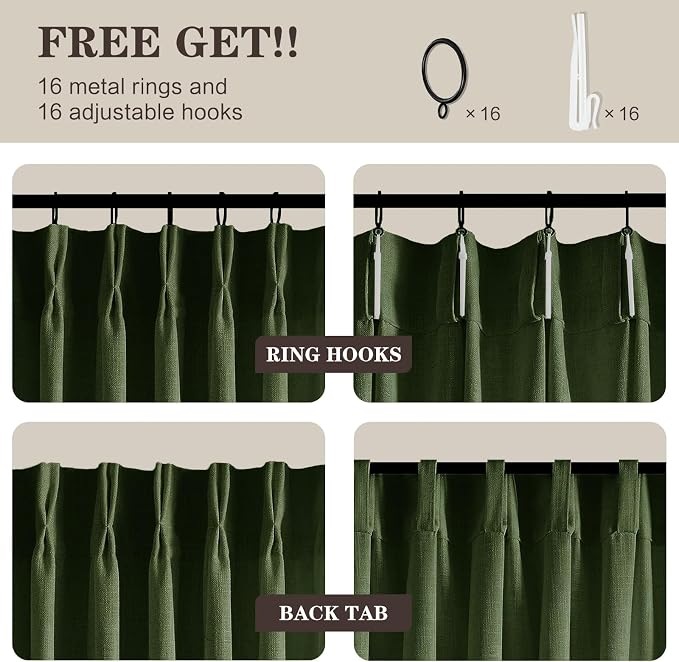 Olive Green Christmas Curtains for Living Room Pinch Pleated Linen Curtain 84 Inches Long, Light Filtering Pleat Drapes Thick Moss Loden Semi-Sheer Curtain with Hooks for Bedroom Dining Room 2 Panels