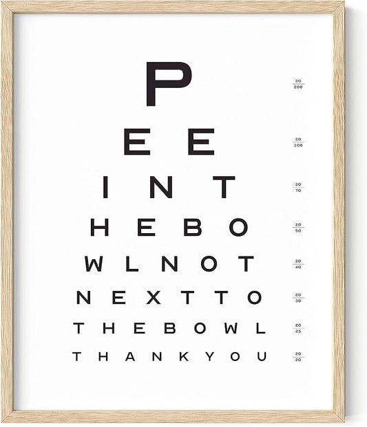 HAUS AND HUES Funny Bathroom Signs – Eye Exam Restroom Print, Playful Home Wall Accent, Witty Washroom Artwork (16x20, Beige Frame)