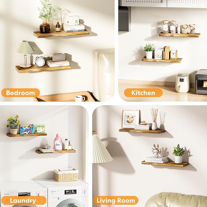 Solid Wood Live Edge Floating Shelves Set of 2 – 24" Rustic Wall Shelf with Hidden Bracket System, Wall Mounted Shelves for Bathroom, Kitchen, Living Room, Bedroom (Glazed)