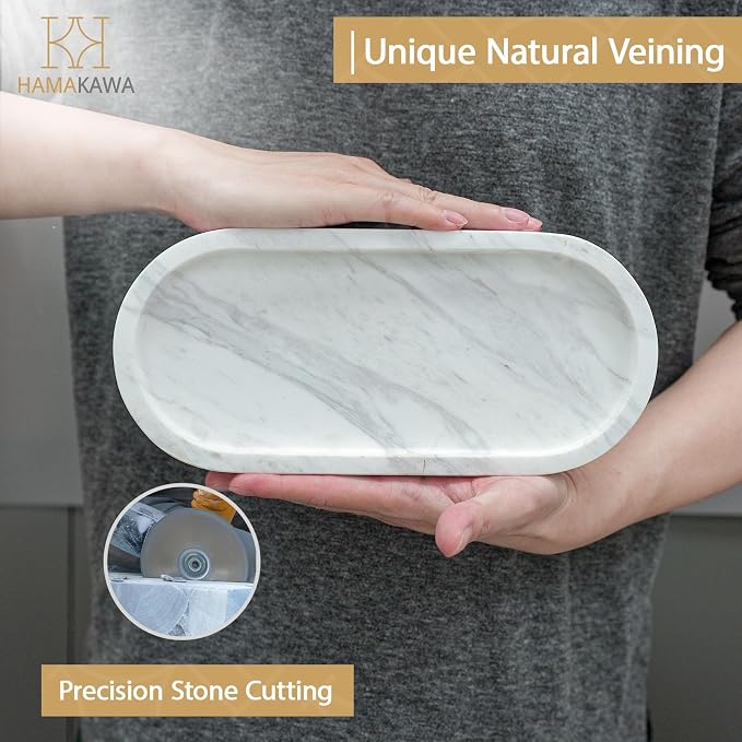 Oval Bathroom Vanity Tray, Large Natural Marble Tray 10 inch, Volakas White Stone Soap Trays, Modern Perfume Trays, Countertop Organizer for Kitchen, Coffee Table, Home Decor